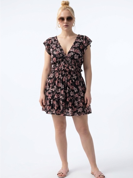 torrid Dresses & Skirts - TORRID Floral Ruffle V-Neck Mini Dress in Black and Pink